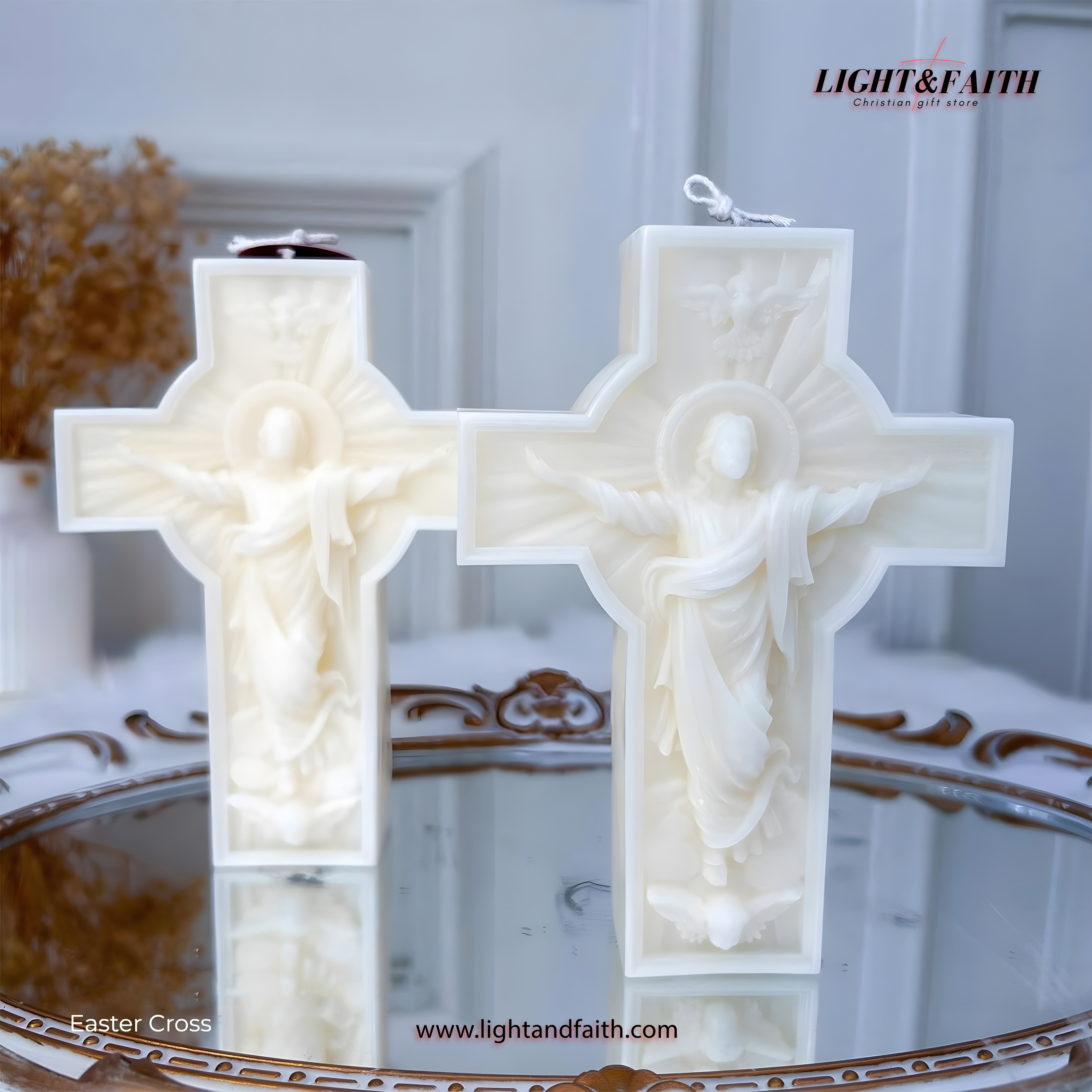 Easter Cross Candle, Jesus Resurrection Wax Candle, Christian Religious Decor, Catholic Gift for Home or Church CDLAF03